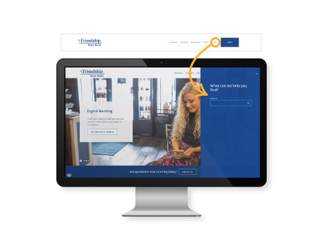 Friendship State Bank website highlighting the search function.