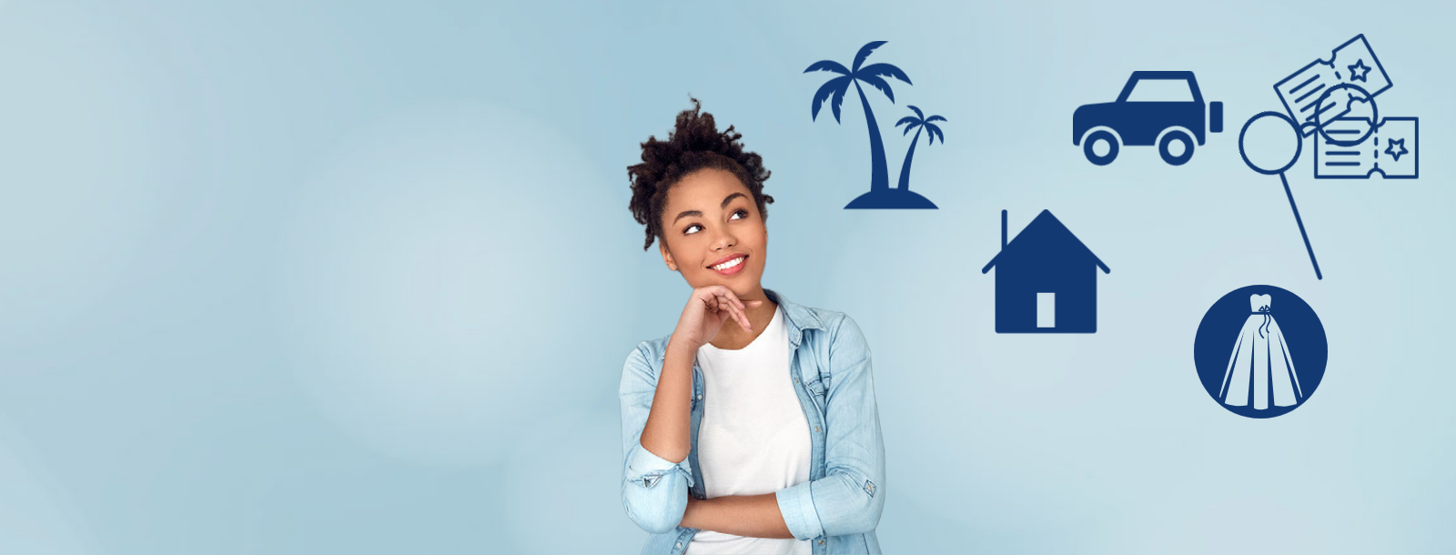 Young women dreaming of saving with graphics - palm trees, house, car, ticket, dress.